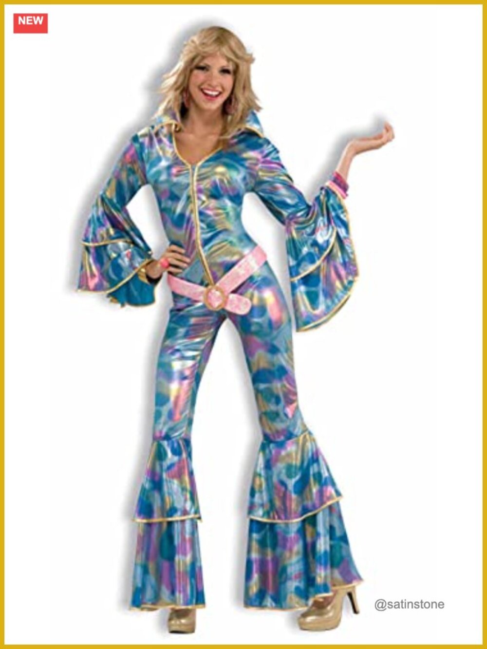 70s Disco Fever Costume Jumpsuit Belt Flared Sleeves Bell Bottoms